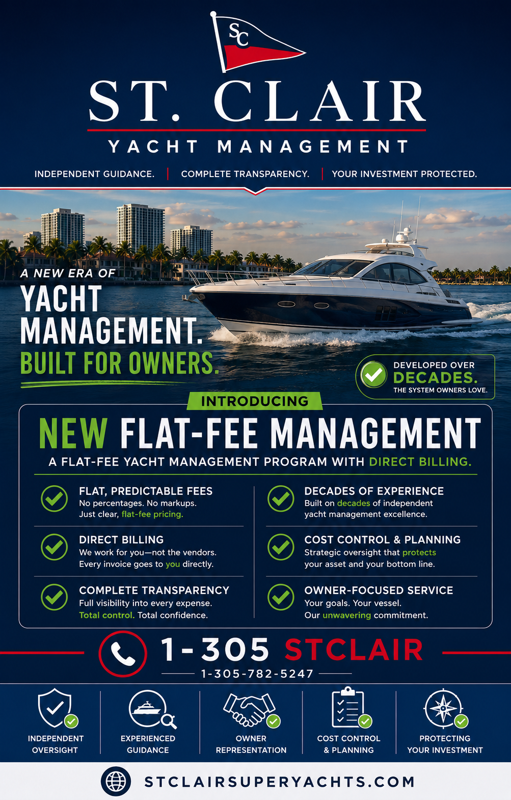 St. Clair Yacht Management introducing a flat-fee yacht management program with direct vendor billing, independent oversight, owner representation, cost control, maintenance planning, and transparent yacht ownership consulting for luxury motor yacht owners in Fort Lauderdale, Florida.