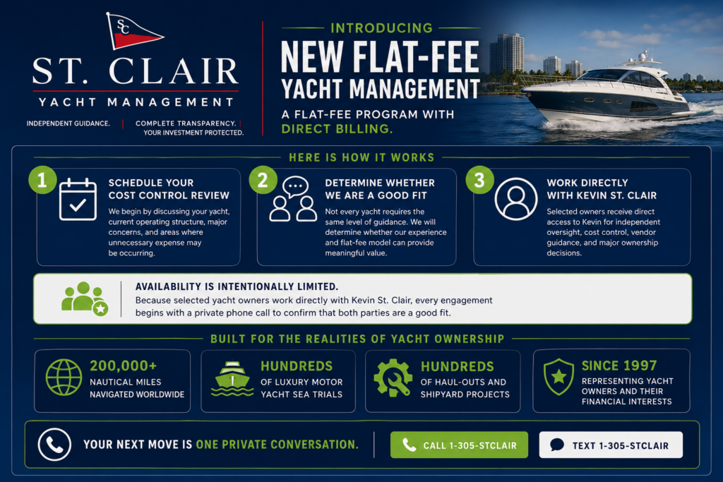St. Clair Yacht Management infographic explaining a flat-fee yacht management program for luxury motor yacht owners, featuring yacht ownership consulting, owner representation, direct vendor billing, cost control, shipyard oversight, and the experience of Kevin St. Clair since 1997.