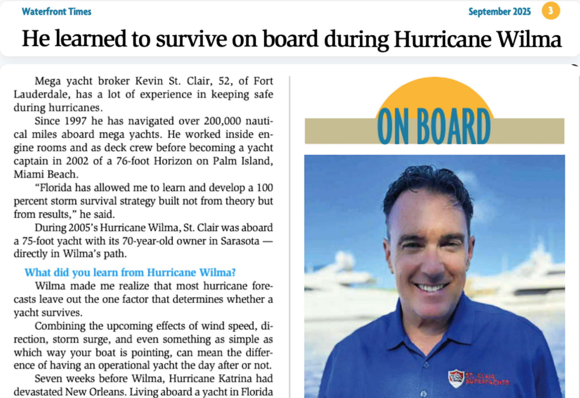 Waterfront Times article featuring Kevin St. Clair and his Hurricane Wilma experience